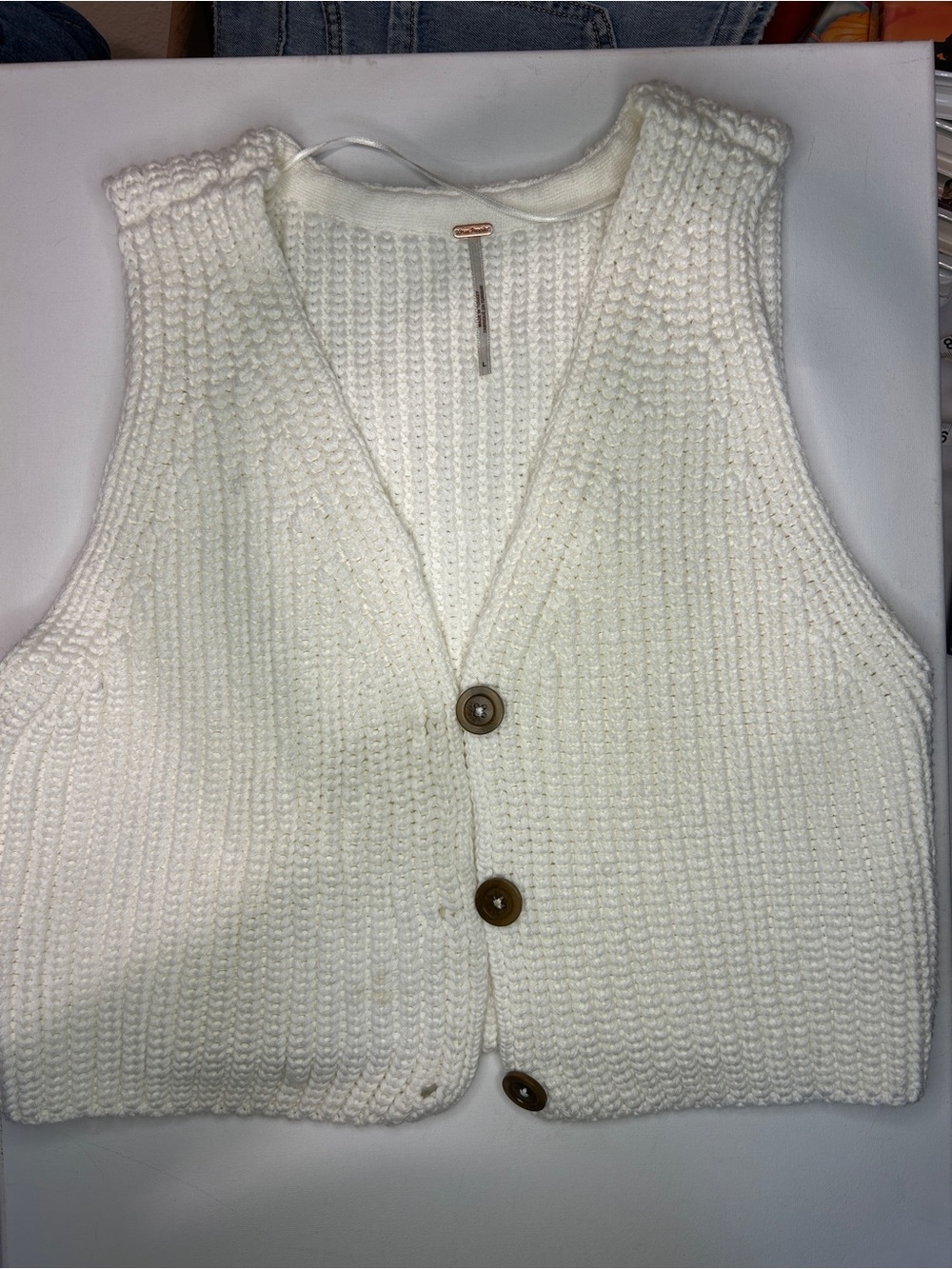 Free People Cream Knit Button Front Vest